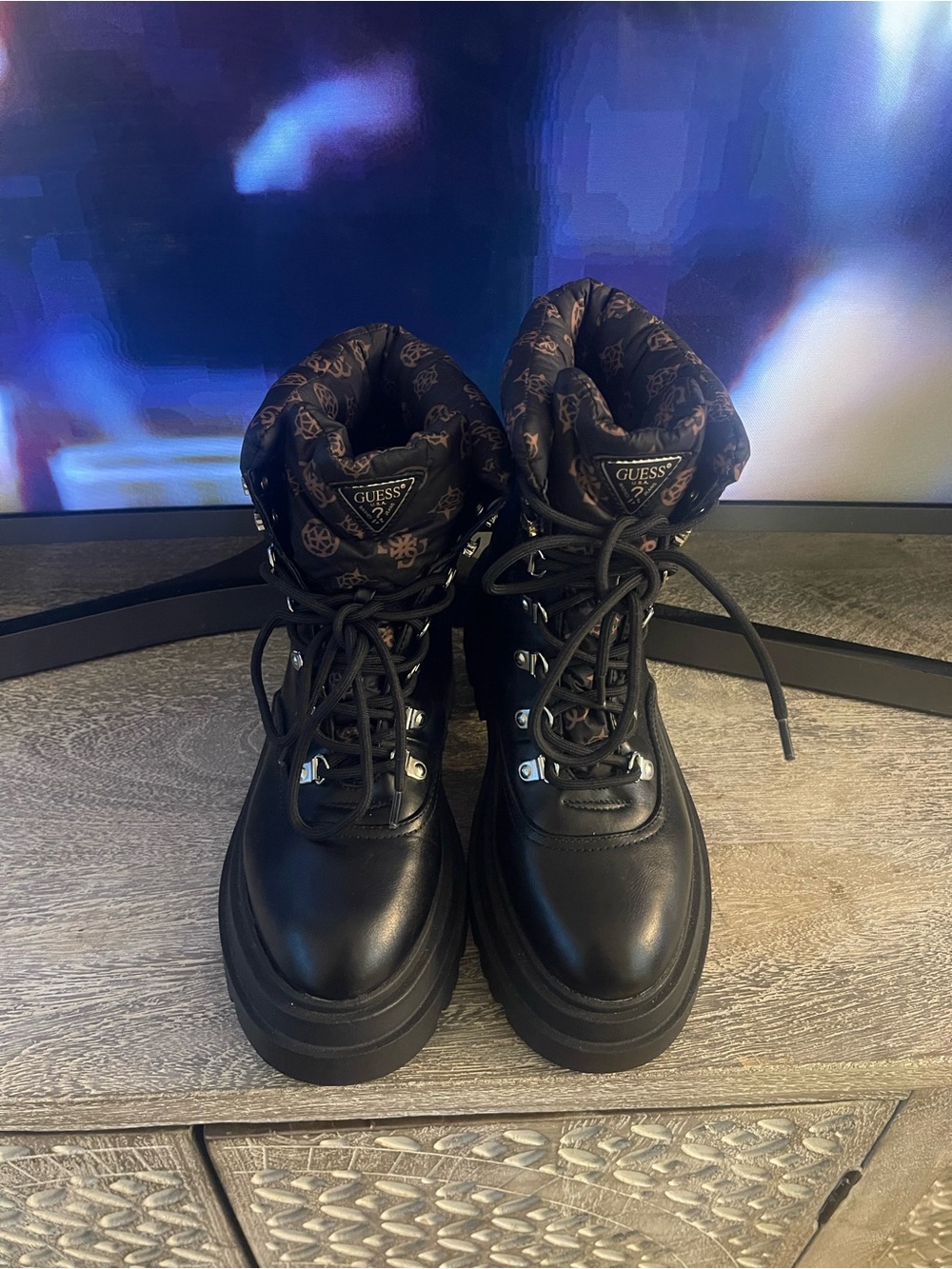 GUESS Black Logo-Print Lace-Up Platform Booties
